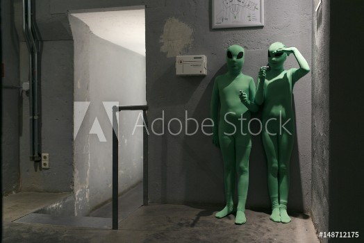 Picture of two young kids dressed as green aliens